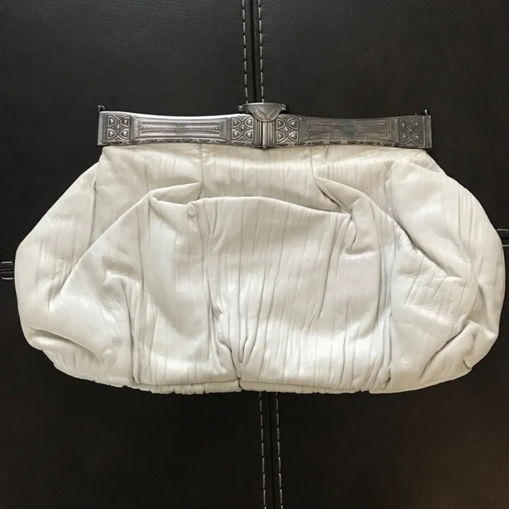 GRACE ANN AGOSTINO Handmade White Woven Leather Handbag Vintage Silver Tone Deco